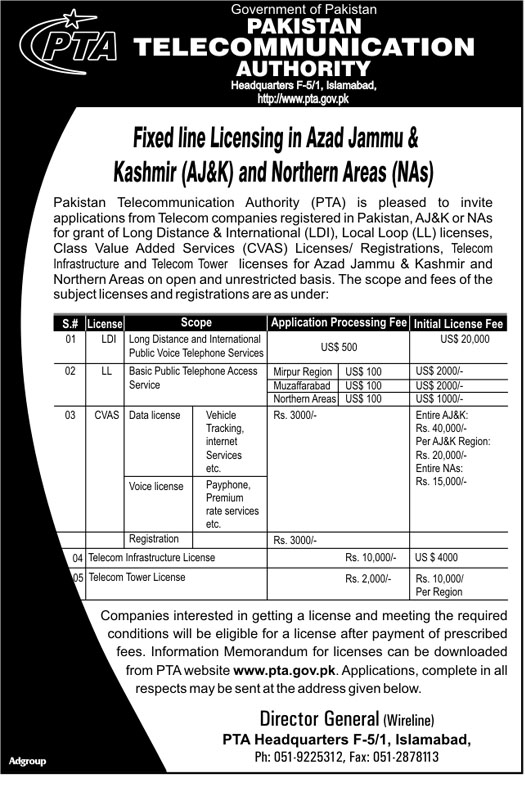 Fixed Line Licensing in Azad Jammu & Kashmir (AJ&K) and Northern Areas