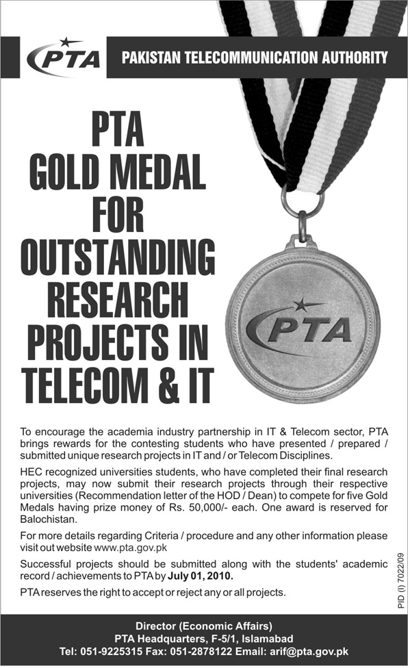 PTA Gold Medal for Outstanding Research Projects in Telecom and IT