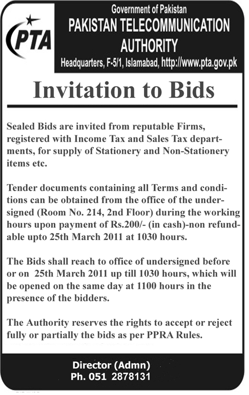 Tender Notice for Invitation to Bids for Supply of Stationery and Non-Stationery Items