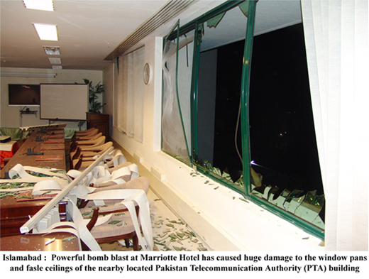 bomb blast at marriot hotel has caused huge damage to the widows of nearby located areas