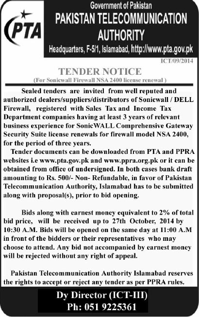 Tender Notice For Sonicwall Firewall NSA 2400 Liscense Renewal.