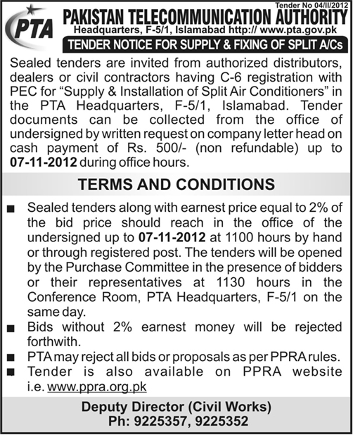 Tender Notice for Supply and Installation of Split Air Conditioners