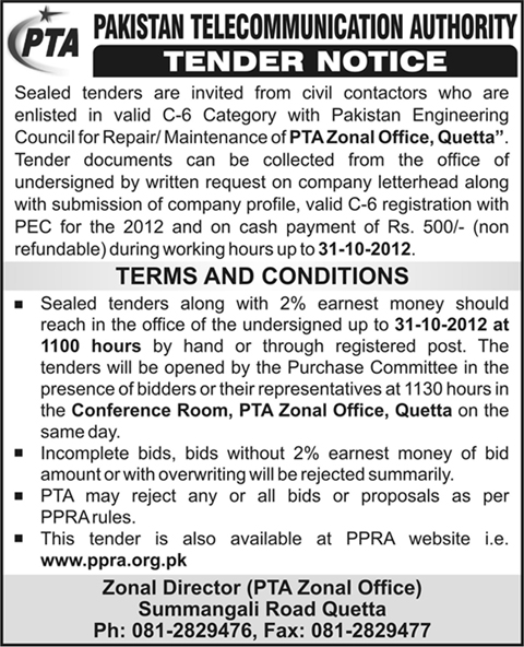 Tender Notice for Repair / Maintenance of PTA Zonal Office, Quetta