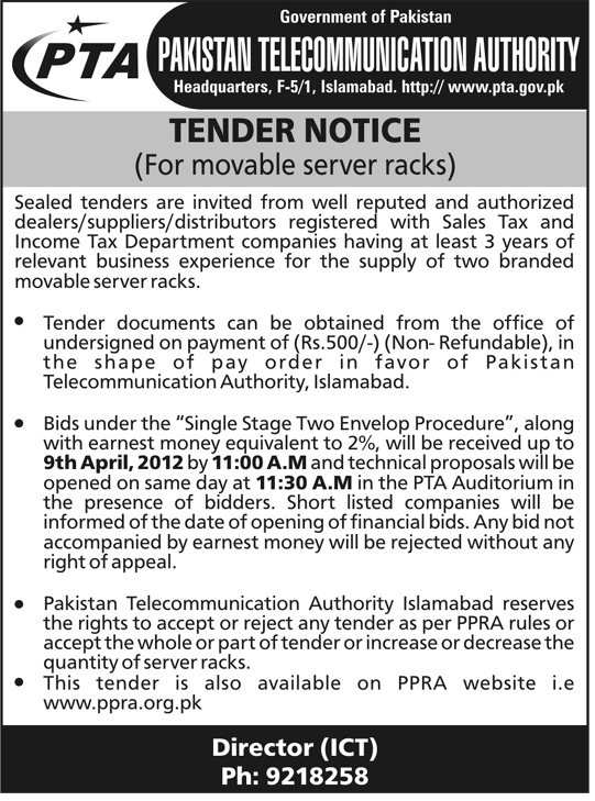 Tender Notice for Supply of two branded movable server racks