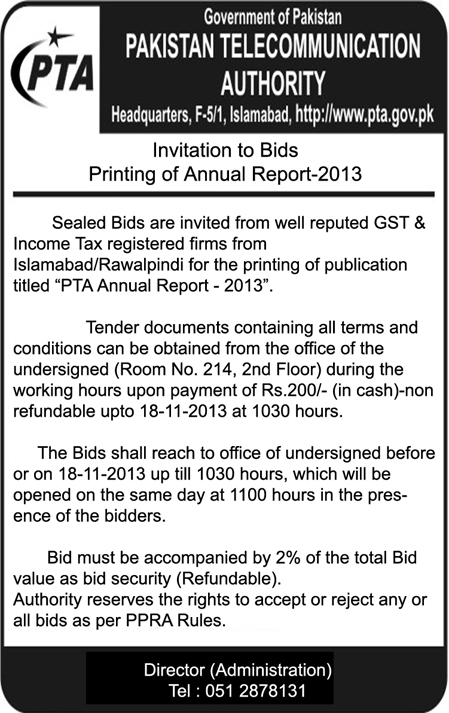 Invitation to Bids for Printing of Annual Report 2013