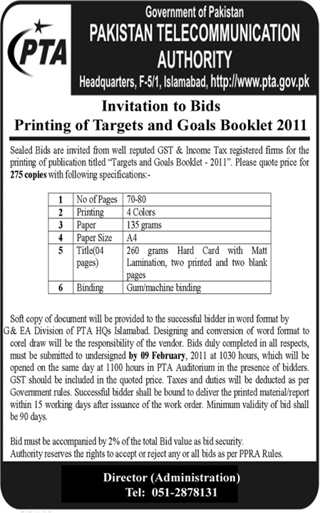 Tender Notice for Invitation to Bids for Printing of Targets & Goals Booklet 2011
