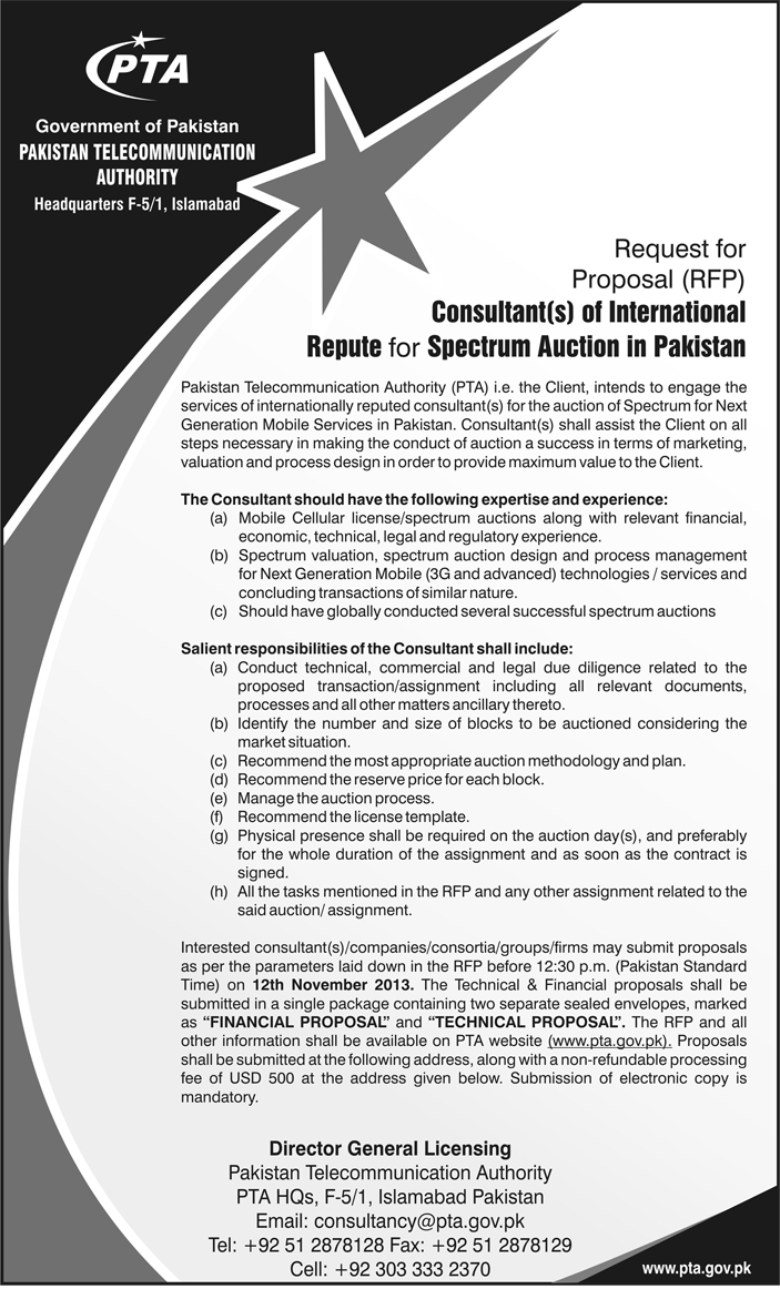 Request for Proposal (RFP) - Consultant(s) of International Repute for Spectrum Auction in Pakistan