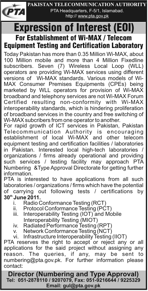 Tender Notice for EOI for Establishment of Wi-MAX / Telecom Equipment Testing & Certificate Laboratory 