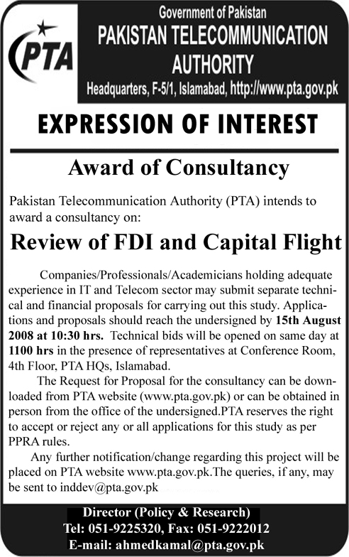 Expression of Interest  for Award of Consultancy - Review of FDI and Capital Flight