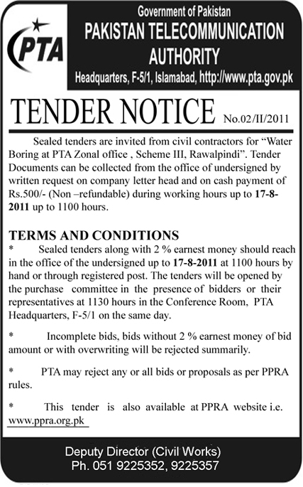 Tender Notice for Water Boring at PTA Zonal Office, Rawalpindi