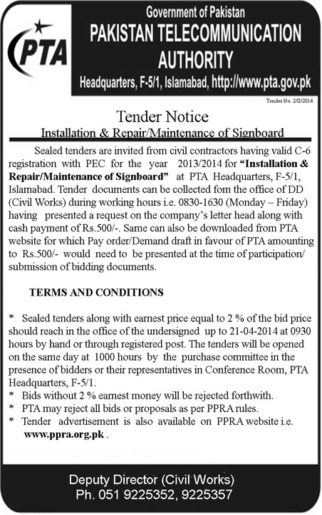 Tender Document for Installation and Repair/Maintenance of Signboard
