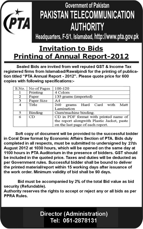 Tender Notice of Invitation to Bids for Printing of Annual Report 2012