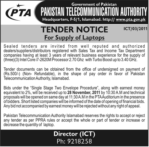 Tender Notice for Supply of Laptops
