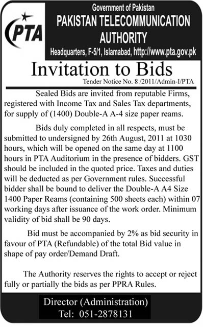 Tender Notice for Supply of A4 Size Paper Reams