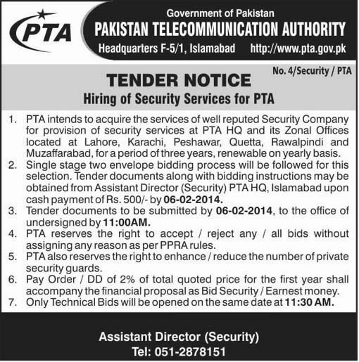 Tender Notice for Hiring of Security Services for PTA