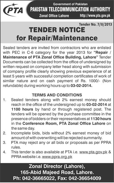 Tender Notice for Repair/Maintenance of PTA Zonal Office Building, Lahore