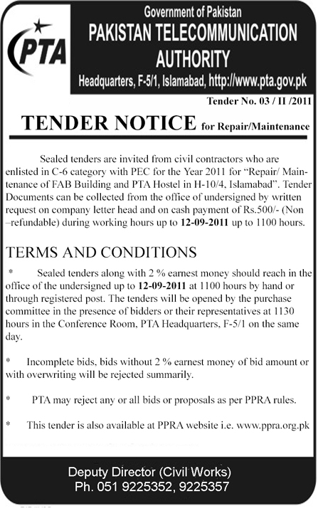 Tender Notice for Repair/Maintenance of FAB Building and PTA Hostel