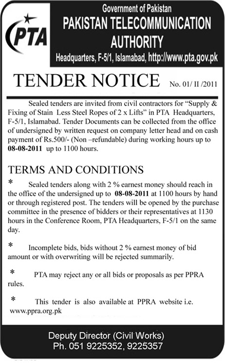 Tender Notice for Supply & Fixing of Stain Less Steel Ropes of 2xLifts