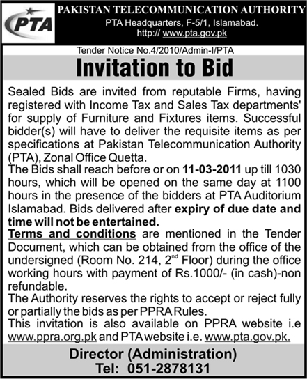 Tender Notice for Invitation to Bids for Supply of Furniture & Fixture Items
