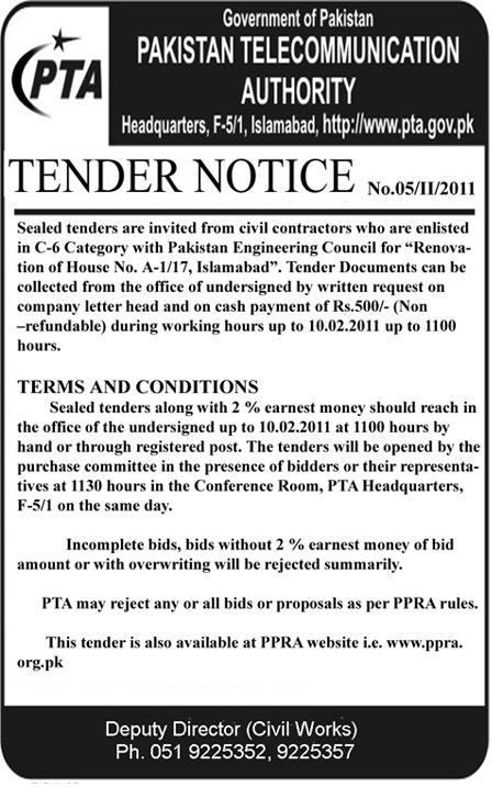 Tender Notice for Renovation of House