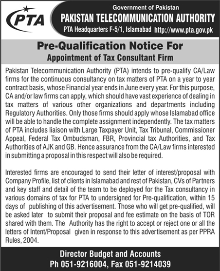 PTA providing Pre-Qualification Notice for Appointment of Tax Consultant Firm